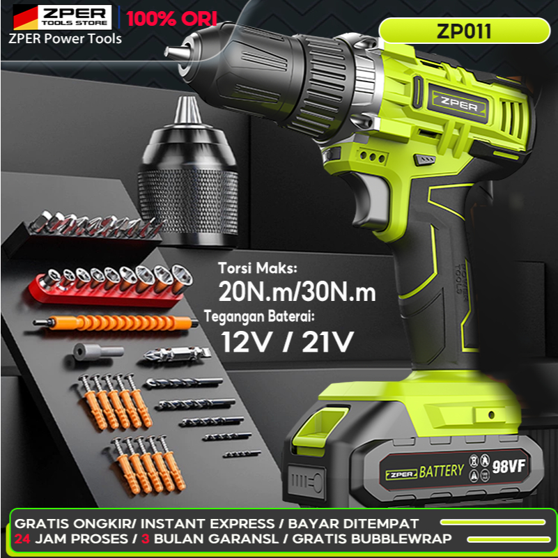 [ 100% ORI ] ZPER 12V/21V Bor Listrik Mesin Bor Baterai Tangan Cordless Drill Battery Bor Baterai Li