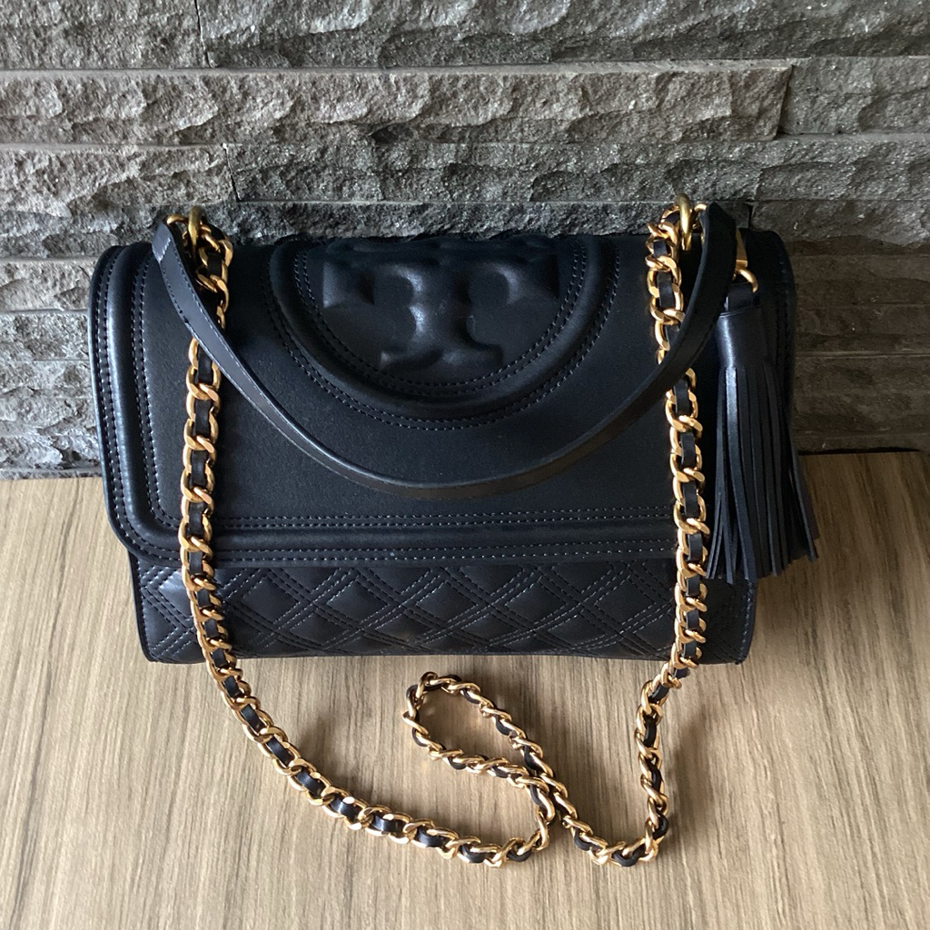 Preloved Branded Bag TB Fleming Medium Shoulder Bag Black Ghw