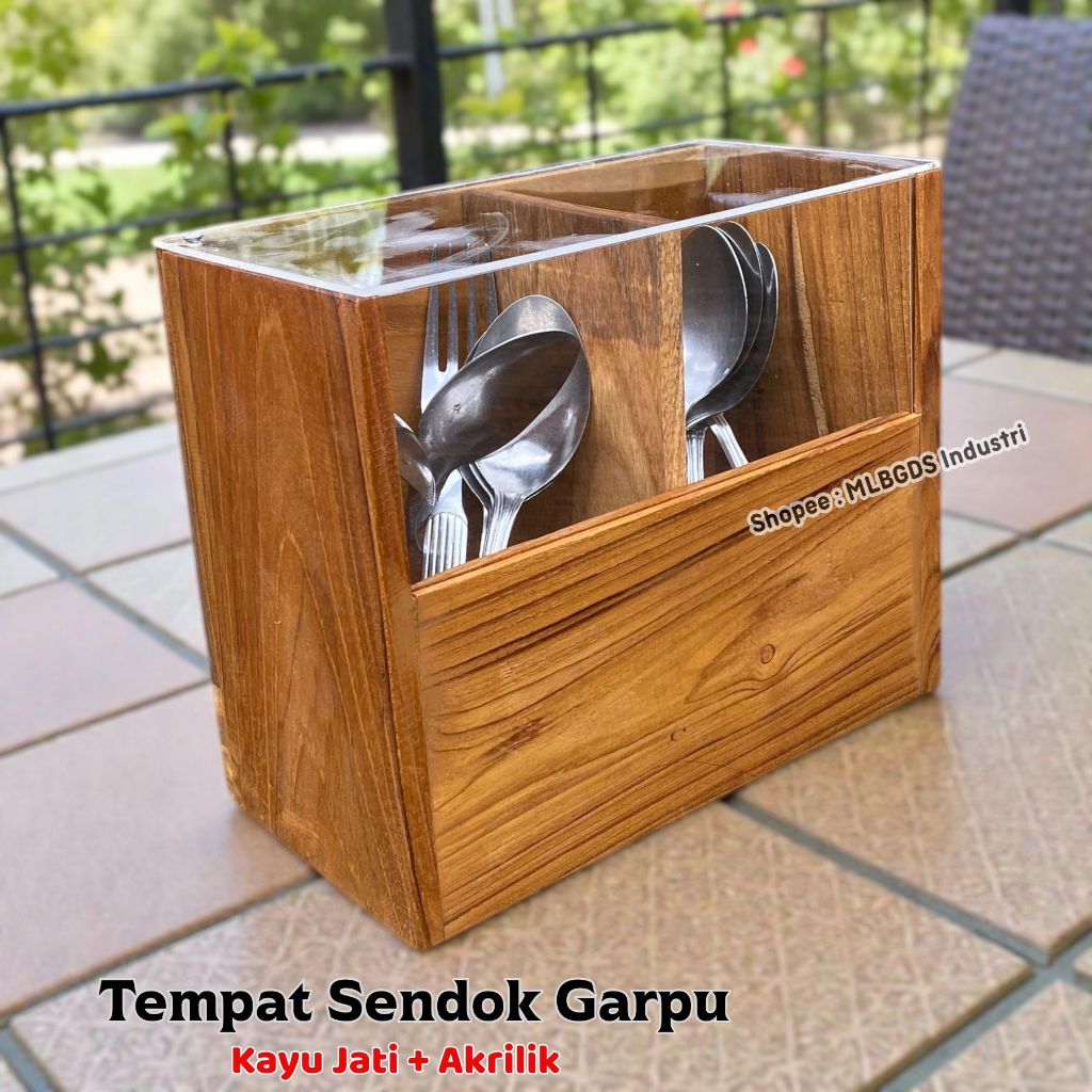 Tempat Sendok Garpu Kayu Jati 2 Sekat Dengan Tutup Akrilik Cutlery Holder