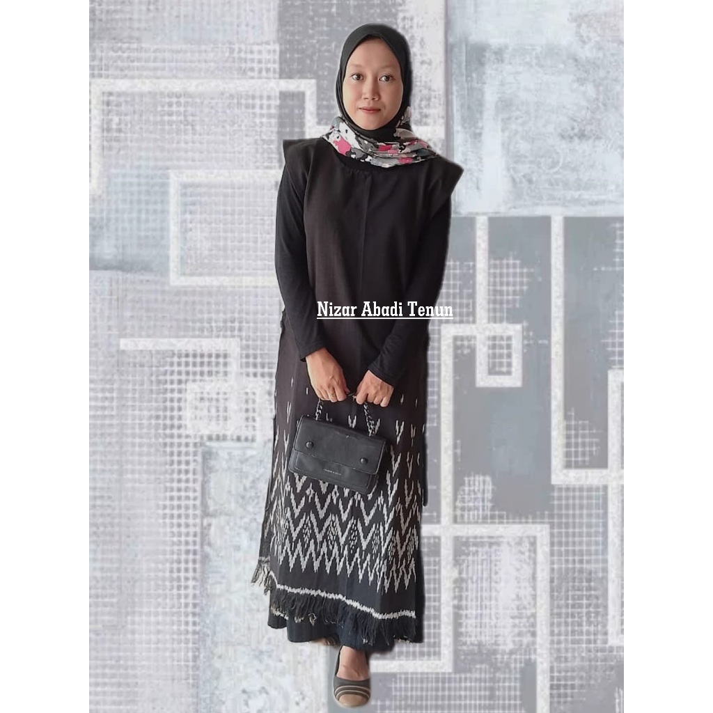Vest Tenun Terbaru, Vest Panjang Kekinian, Baju Tenun Etnik Wanita Terbaru - Motif Rumput Hitam