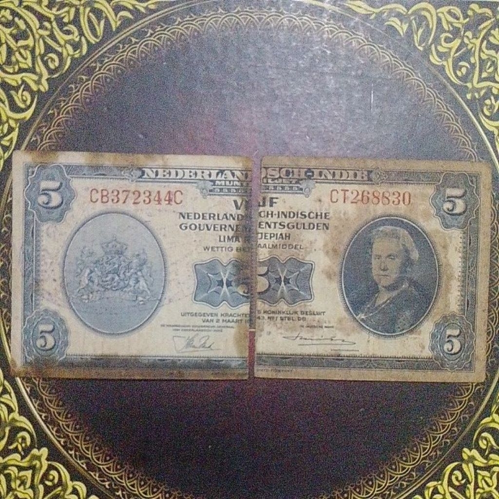 Uang NICA cap RMS sanering senering  5 gulden 1943 fine