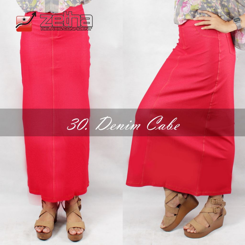 Rok Zetha Panjang Wanita Warna Denim Cabe | Rok Kerja Kantor | Rok Denim | Rok Model A - Line | Rok 