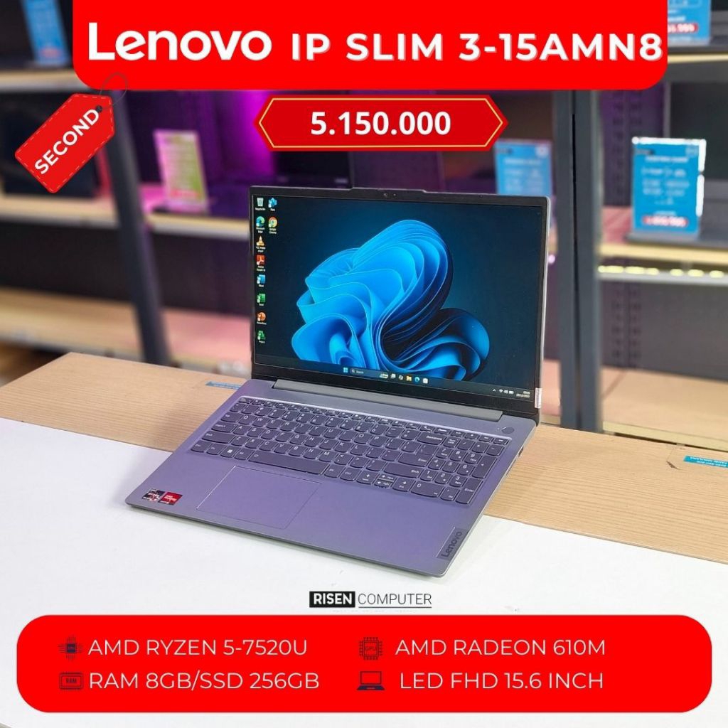 LENOVO IDEAPAD SLIM 3 15AMN8 AMD RYZEN 5 7520U RAM 8GB SSD 256GB FHD 15.6inch Notebook Second Bekas 