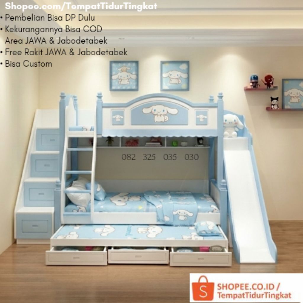 Ranjang Tingkat Kayu Karakter Cinamoroll , Tempat Tidur Anak Perempuan Perosotan