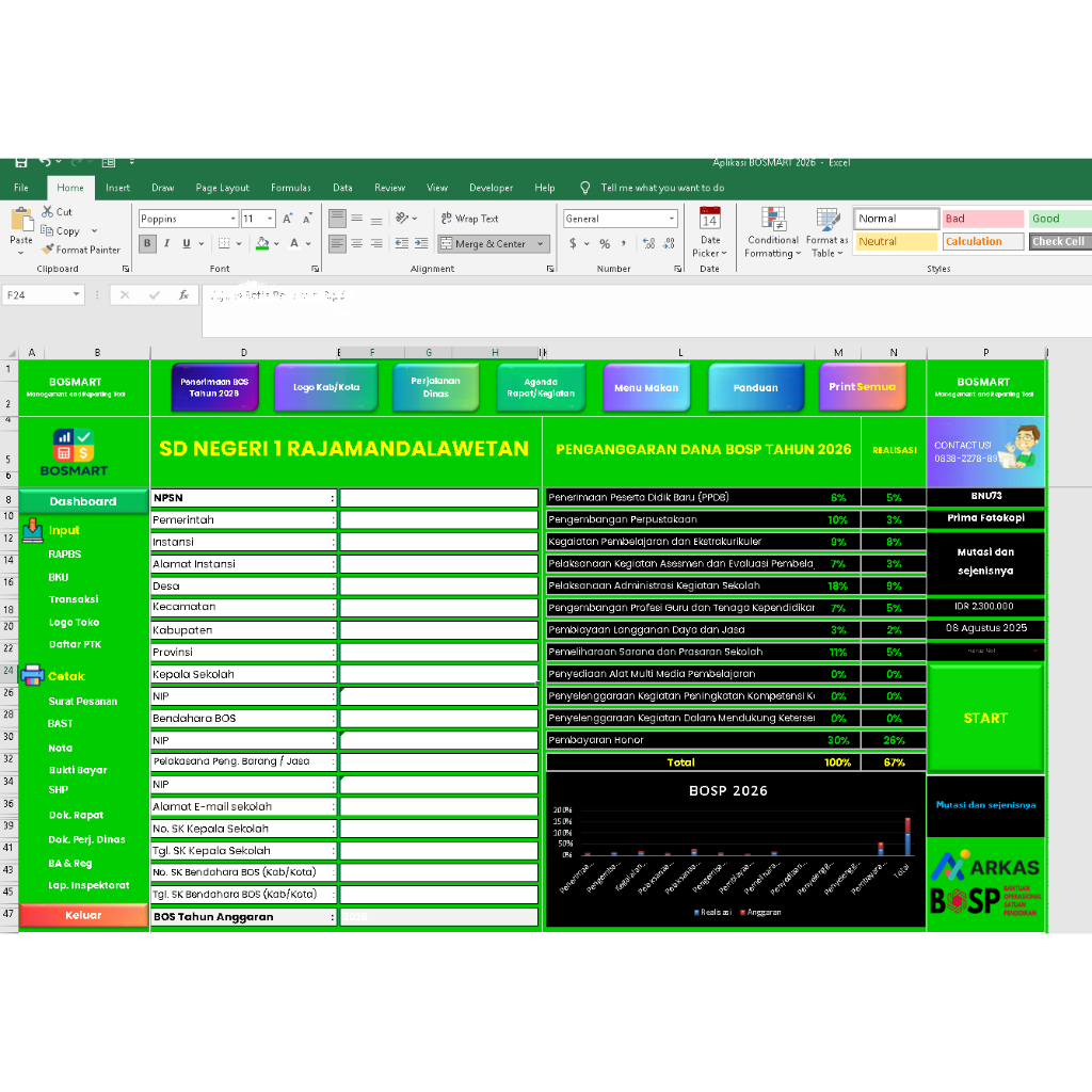 Aplikasi Laporan BOSP 2026 Format Excel (Lengkap seperti dari Siplah) Garansi Toko Sampai 1 tahun