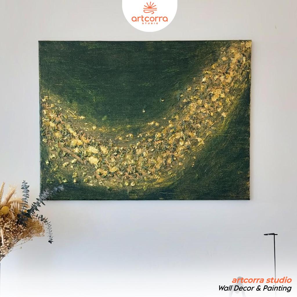 Lukisan Abstrak Handmade Kanvas – Green Minimalist Aksen Gold