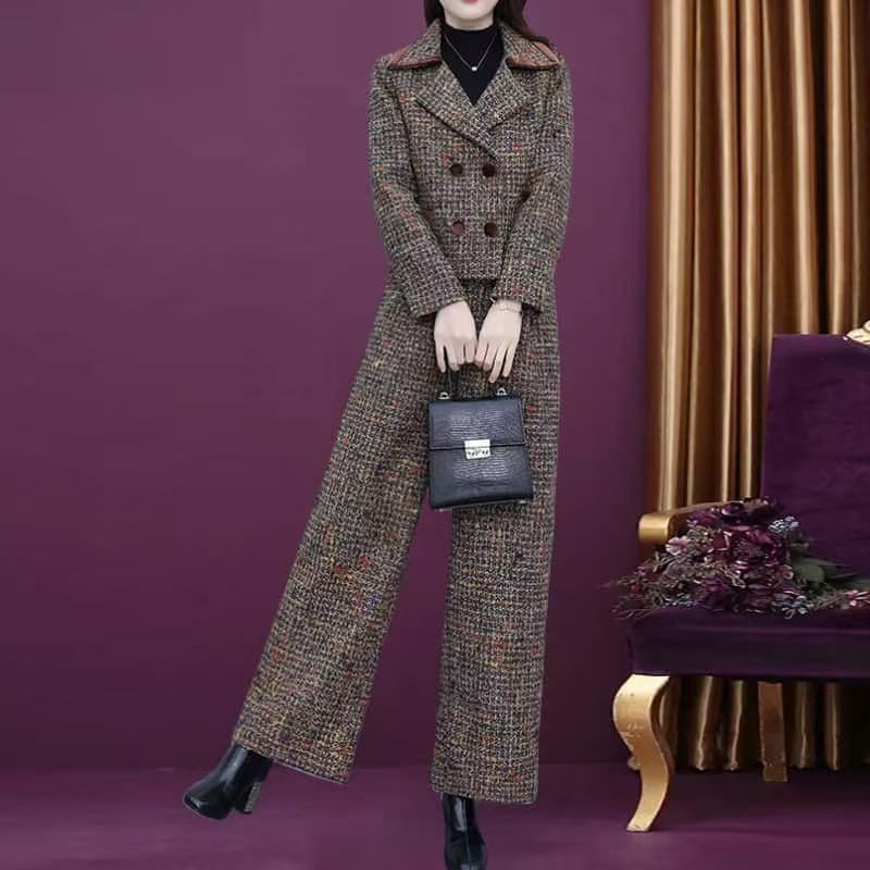 Set Dua Potong Fashion Gaya Chanel untuk Wanita Setelan Celana Slim Fit