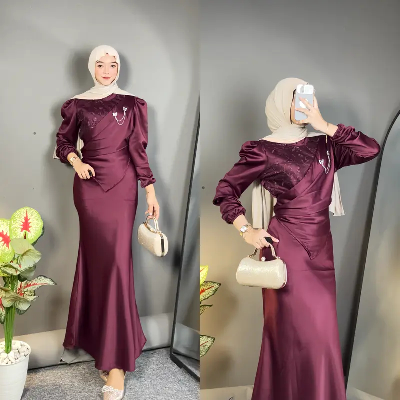 Princess Dress Satin Burgundy Brukat Kondangan Bridesmaid Duyung Body Cone Gamis Lebaran 2025