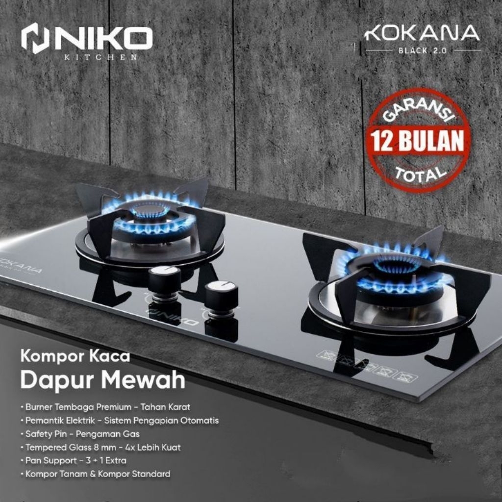 KOMPOR NIKO KOKANA BLACK 2.0 GAS TANAM 2 DUA TUNGKU TEMPERED GLASS KACA LPG ELPIJI STOVE GARANSI RES