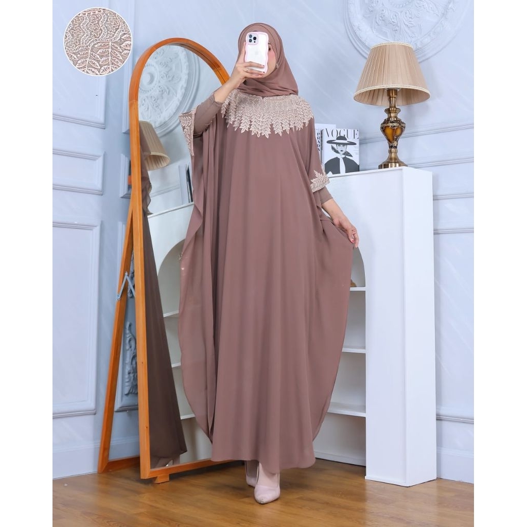 Kaftan Bordir Daun Free Manset - Kaftan Jumbo Fit Ld 130 - Gamis Lebaran Terbaru - Kaftan Kekinian -