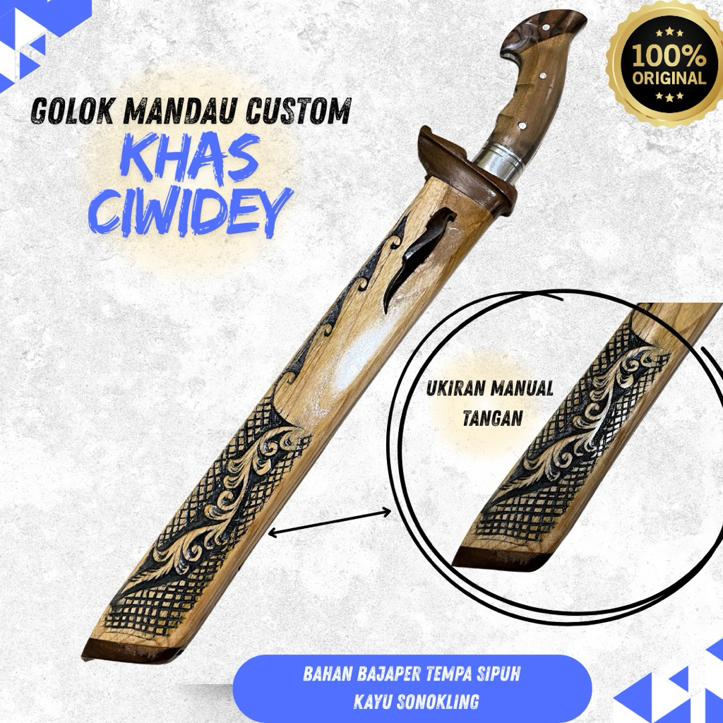 GOLOK MANDAU CUSTOM UKIR MANUAL TANGAN KAYU JATI & SONOKLING BILAH BAJA PER ASLI PANJANG 40CM FULL T