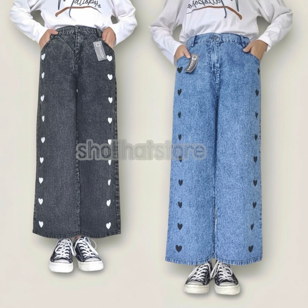CELANA KULOT JEANS LOVE KANCING DAN SLETING PINGGANG KARET DI BELAKANG SUKURAN STANDAR SAMPAI SUPER 