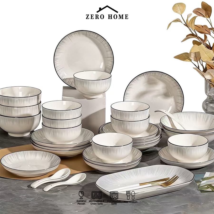 (ZERO HOME) 1 Set Isi 6 Pcs Piring Keramik Tebal Kokoh List Abu Elegant | Piring Makan & Saji Microw