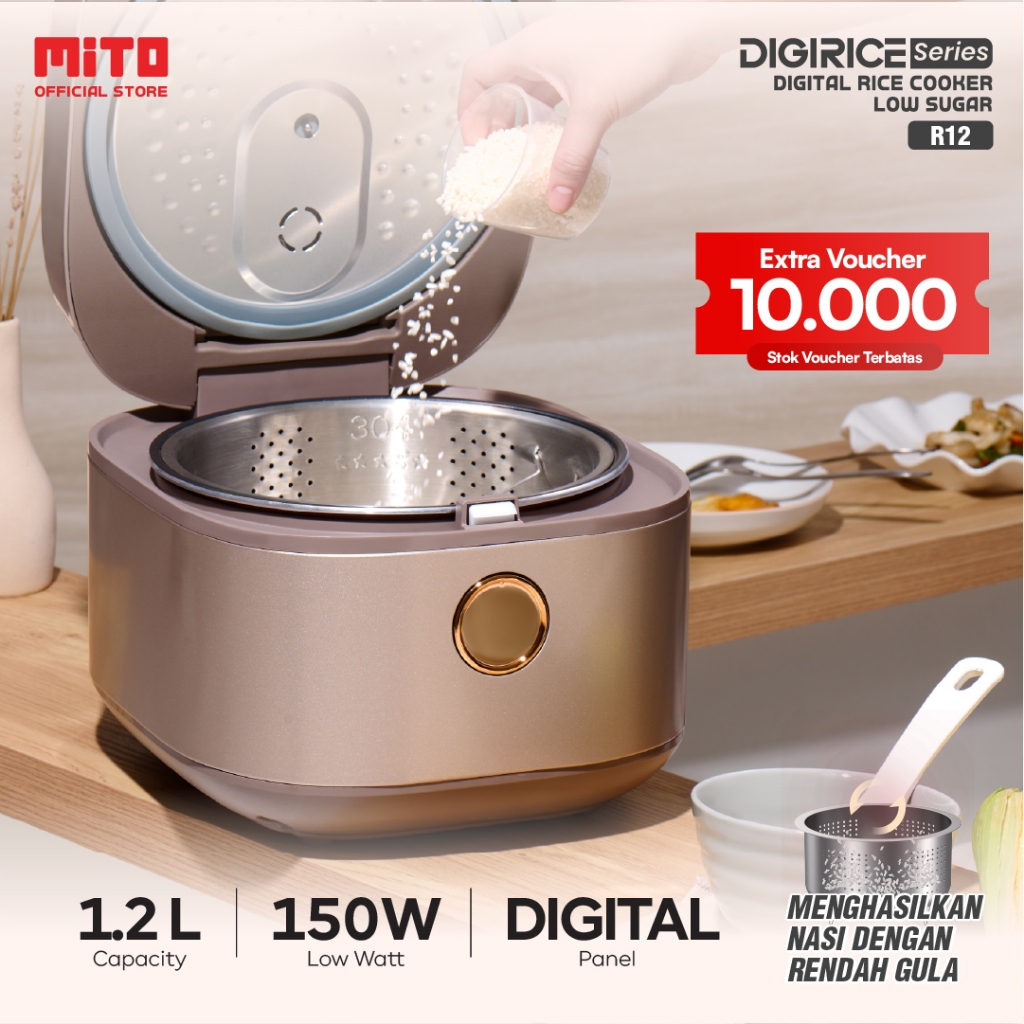 MITO Digital Rice Cooker 1.2 Liter R12 - Rice Cooker Low Sugar dengan 8 Menu Preset, Inner Pot Anti 