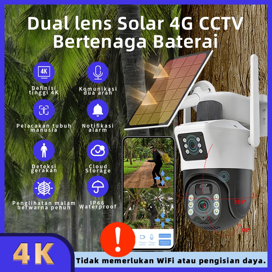 PTZ37 4G Solar CCTV 2 Lensa 8MP Full-Color Night Vision Outdoor Kamera Kebun IP66 Waterproof Cctv Ke