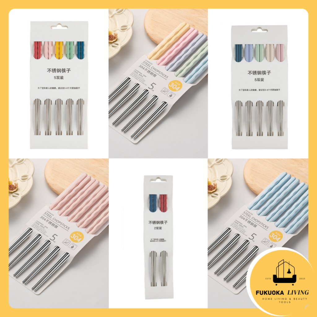 [FUKUOKA]  SET Isi 5 Pasang Sumpit Stainless Korean Chopstick Premium Best Quality 304 Anti Karat Al