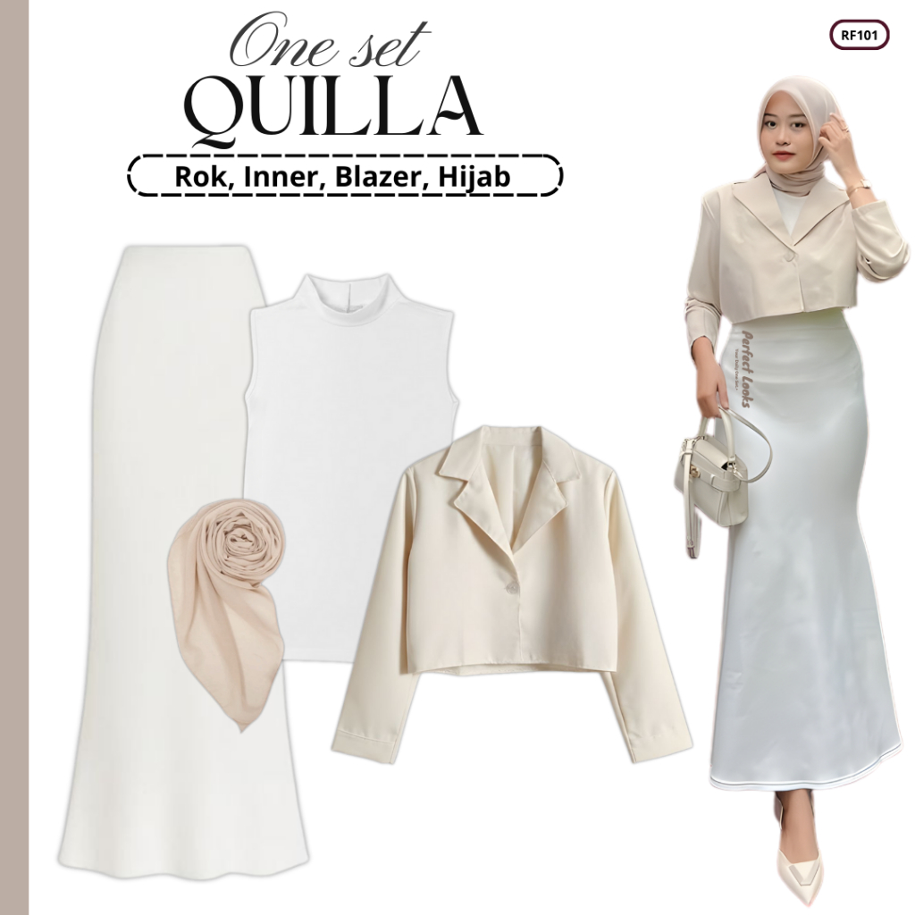 One Set Kerja Wanita | Rok, Inner Tanpa Lengan, Blazer, Hijab | Setelan OOTD Kekinian RF101