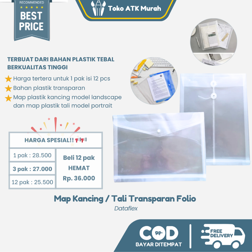 1 Pak Map Plastik Kancing Transparant / Map Plastik Tali Isi 12 Buah Untuk Dokumen Sekolah dan Kanto