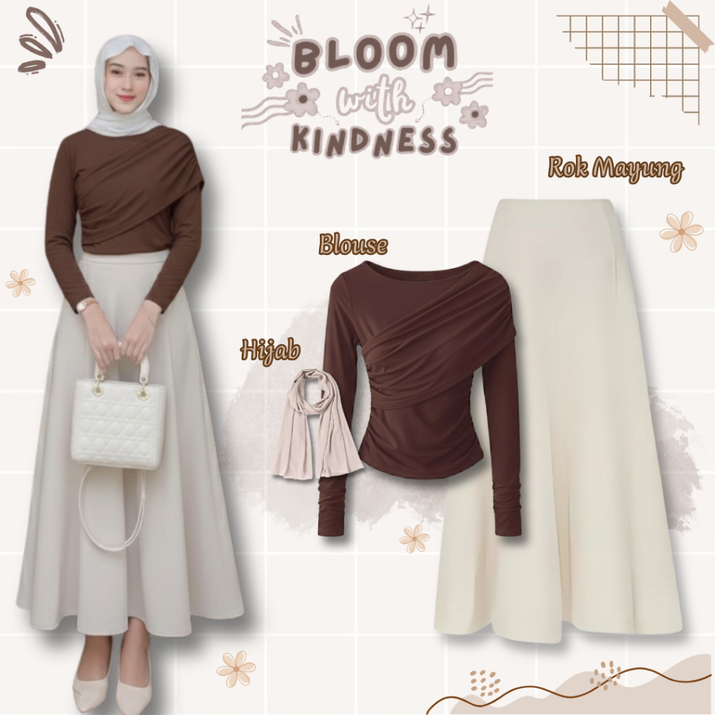 Outfit Leona 3in1 ( Blouse Peggy Top Brown + Rok Mayung Scuba Ivory + Pashmina Ceruti Babydoll Beige