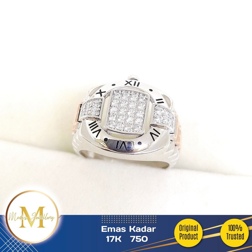 MODIS JEWELLERY - Cincin Pria Jam Romawi Putih - Emas 17k 750