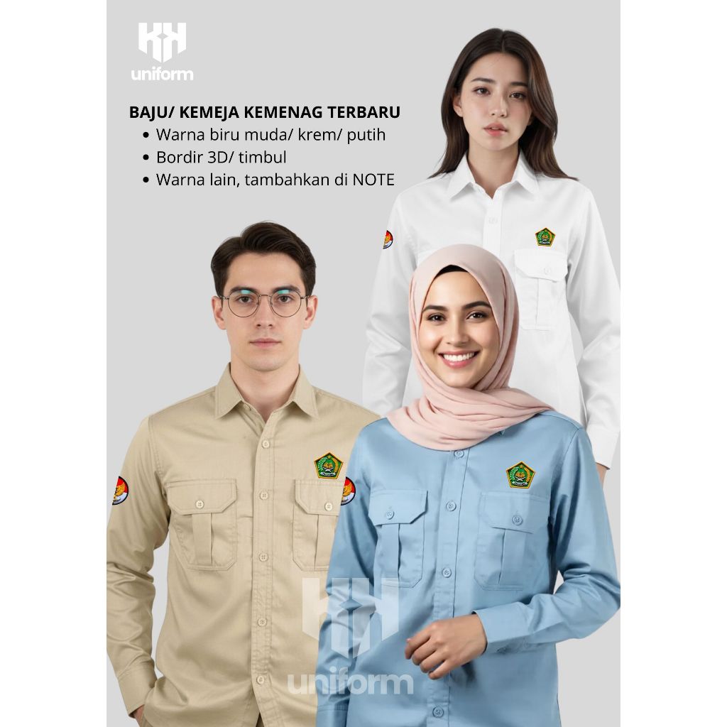 Baju Seragam Kemenag Bordir 3D Pria dan Wanita Warna Biru Muda, Krem, Putih, Kemeja Kerja Ukuran XS 