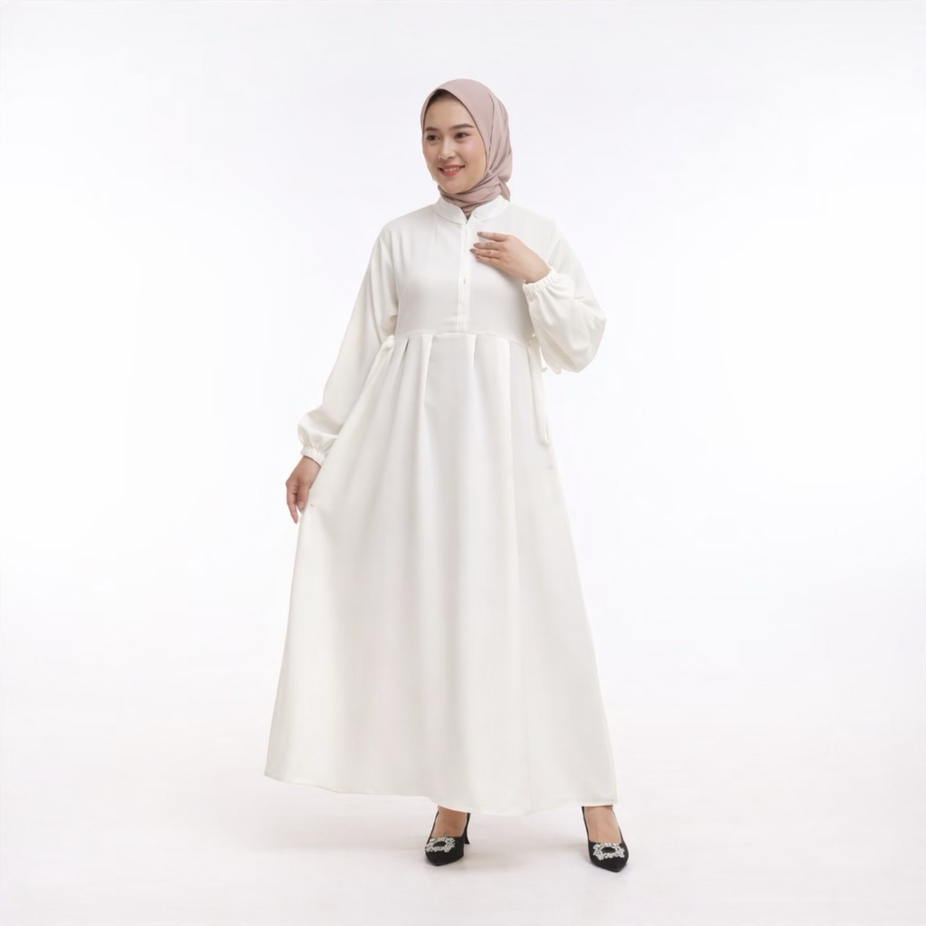 Gamis Wanita Model Clasic Bahan Syakila Warna Putih Tulang Lengan Berkaret
