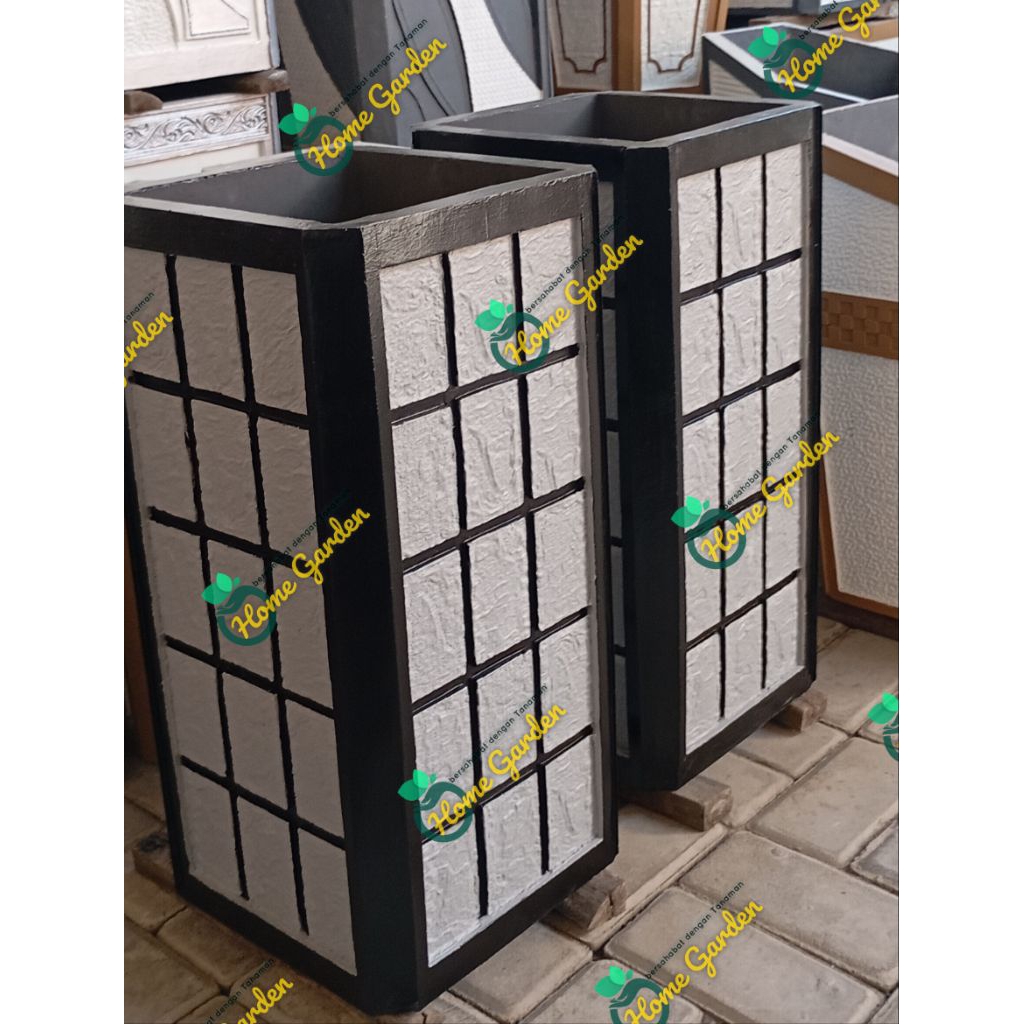Pot semen pot beton bertulang, pot kotak tinggi minimalis motif batu alam warna hitam - abu muda