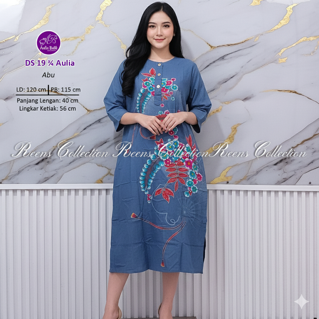 Aulia Batik Daster 19 Lengan 3/4 Batik Print | Daster Di Bawah Lutut 3 Kancing Depan Busui