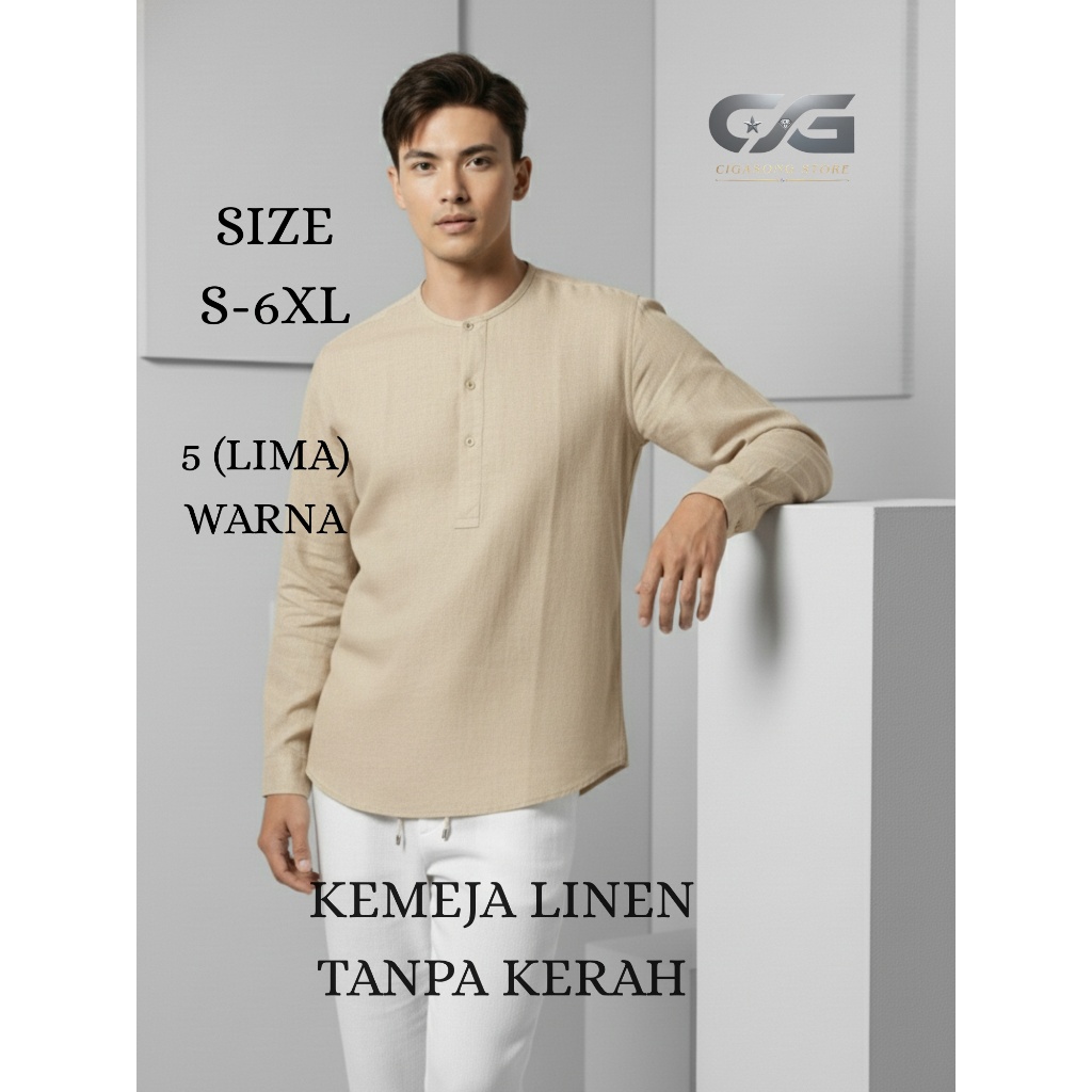 Kemeja Linen Pria Tanpa Kerah Premium S-6XL