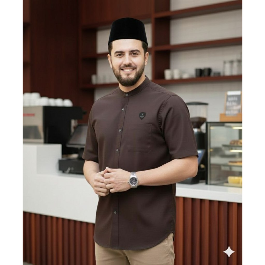 Baju Koko Pria Dewasa Lengan Pendek Kerah Shanghai Warna Mahogany Coklat coffe