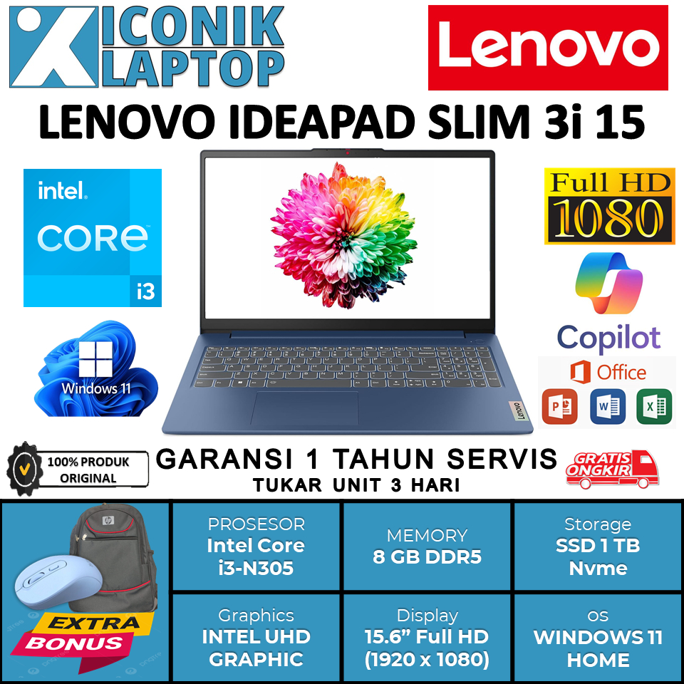 Laptop Baru Tipis RIngan Lenovo IDEAPAD Slim 3i 15 Intel Core i3 N305 Ram 8 GB Ssd 512GB Nvme Baru