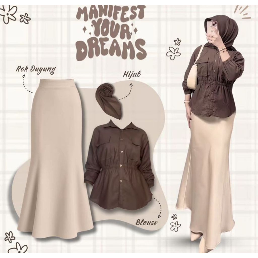 Outfit Korean Style (Blouse, Hijab, Rok Duyung)  / Outfit Kampus / Outfit Nongkrong Simple / Setelan