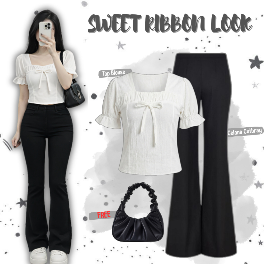 Outfit Wanita Kekinian Blouse Ribbon dan Celana Cutbray - One Set Korean Style Remaja Casual