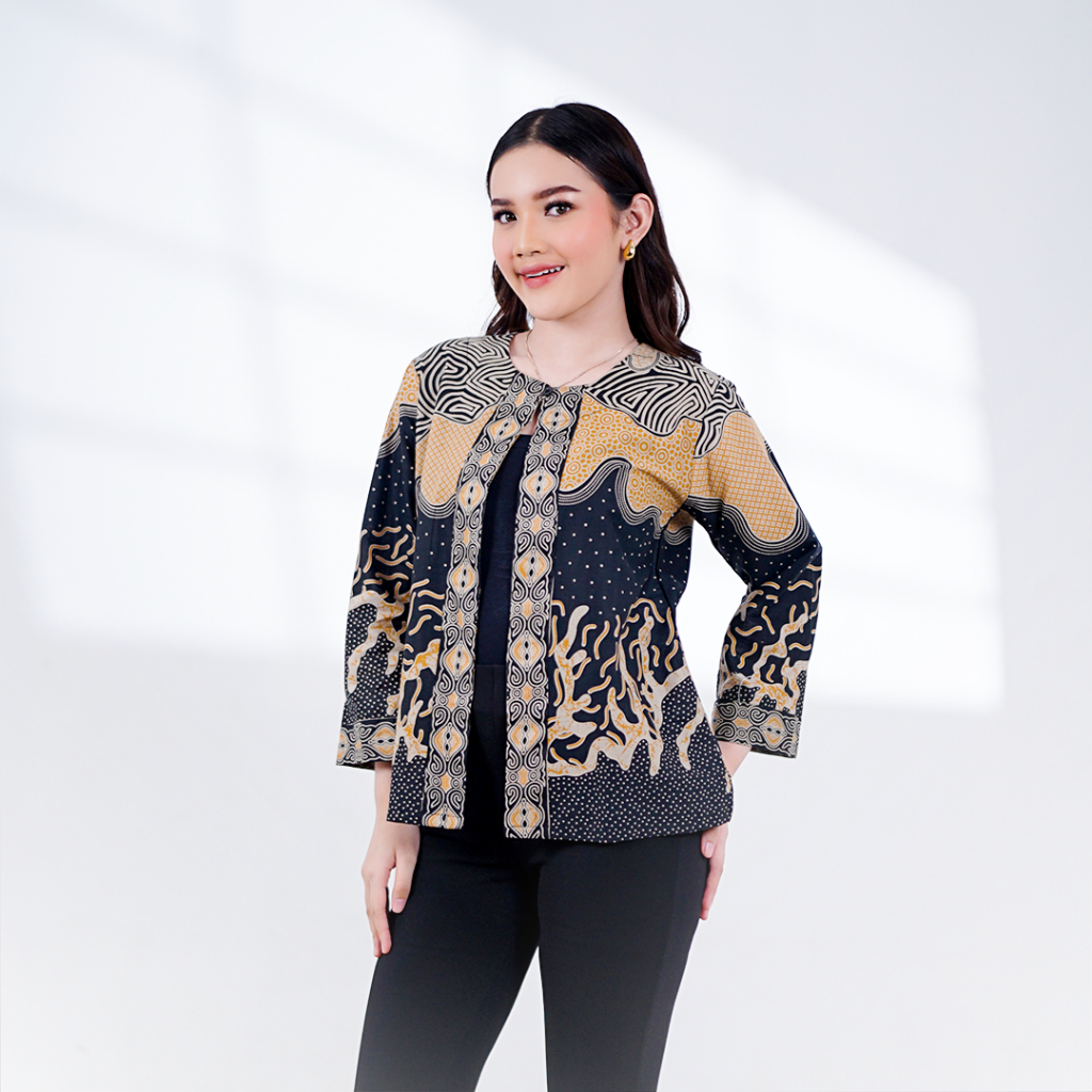 BATIK TRUSMI Outer Batik Wanita Motif Abstrak Kombinasi Aima Coklat