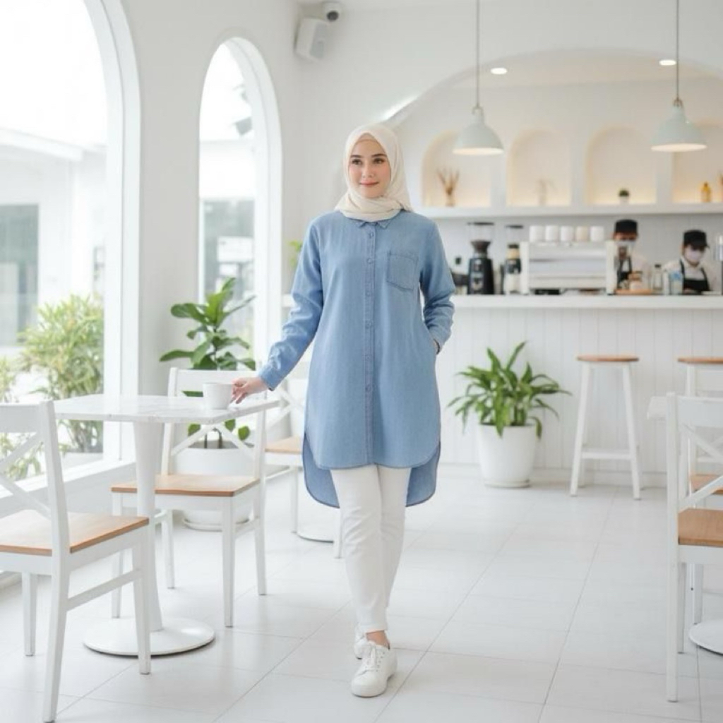 Tunik denim jumbo Kancing depan full Ada saku kiri atas tangan ada kancing manset  Ori by Anyo