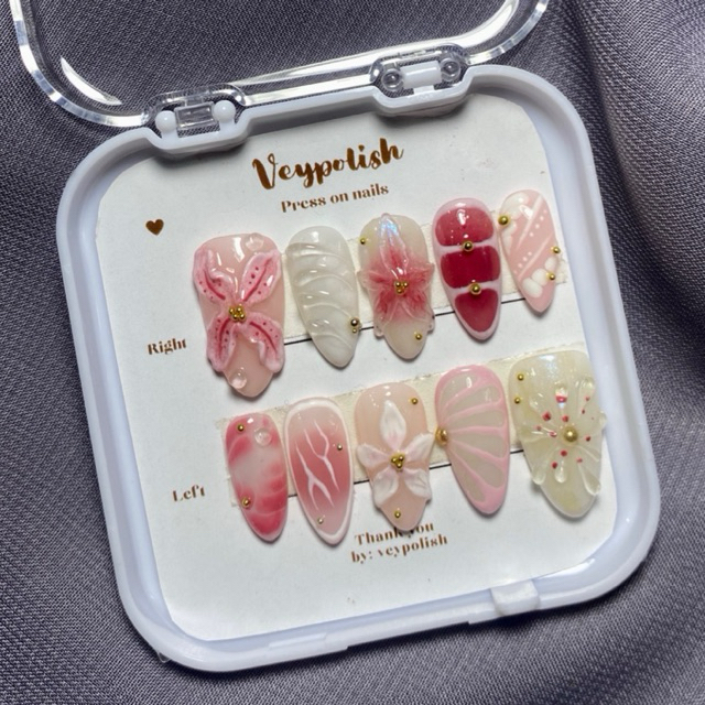 Veypolish | press on nails motif summer pink bunga | custom press on size dan motif | fake nail | ku