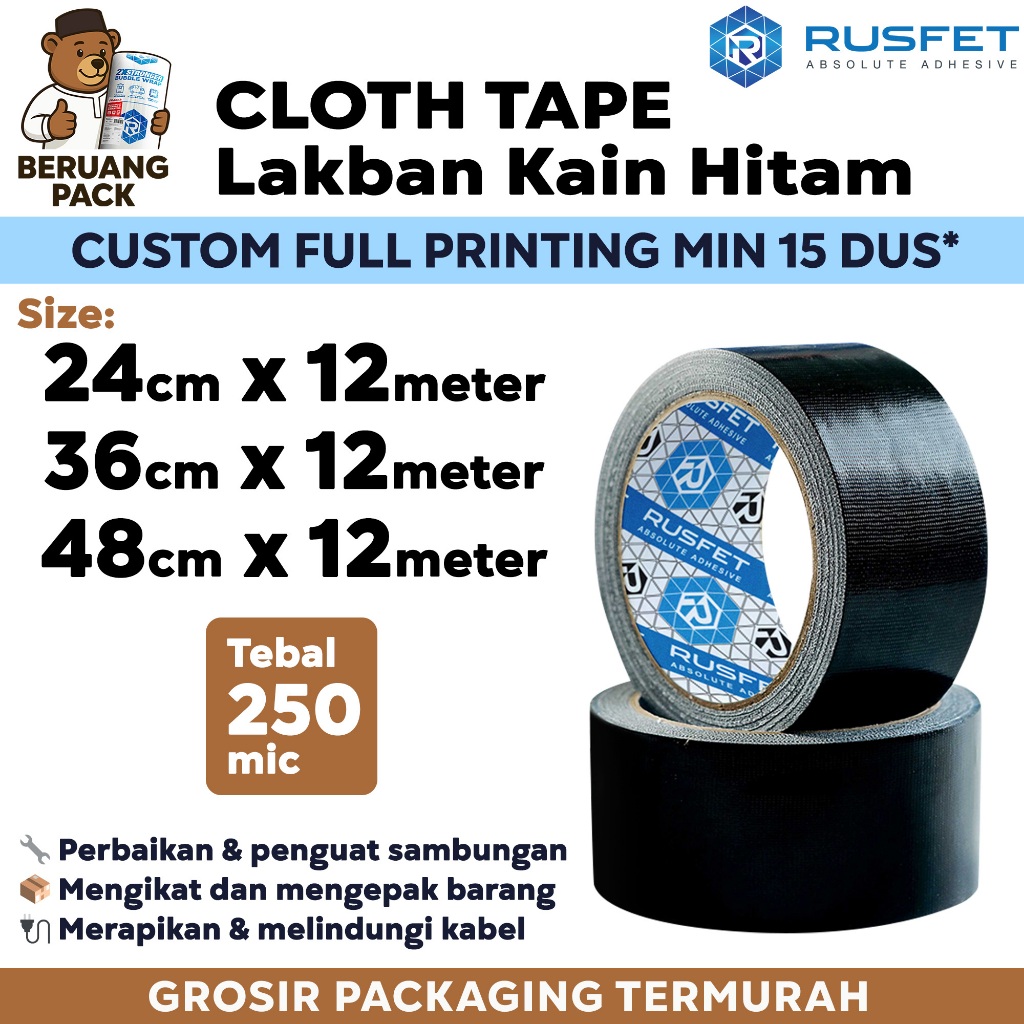 LAKBAN KAIN Cloth Tape Isolasi Kain Hitam Premium Rusfet Premium / SATUAN