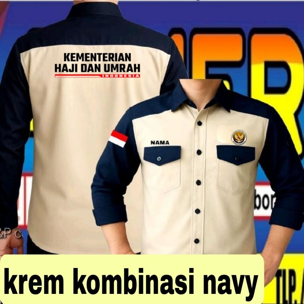 krem kombinasi navy kemeja KEMENTERIAN haji dan umrah baju KEMENTERIAN haji dan umrah seragam KEMENT