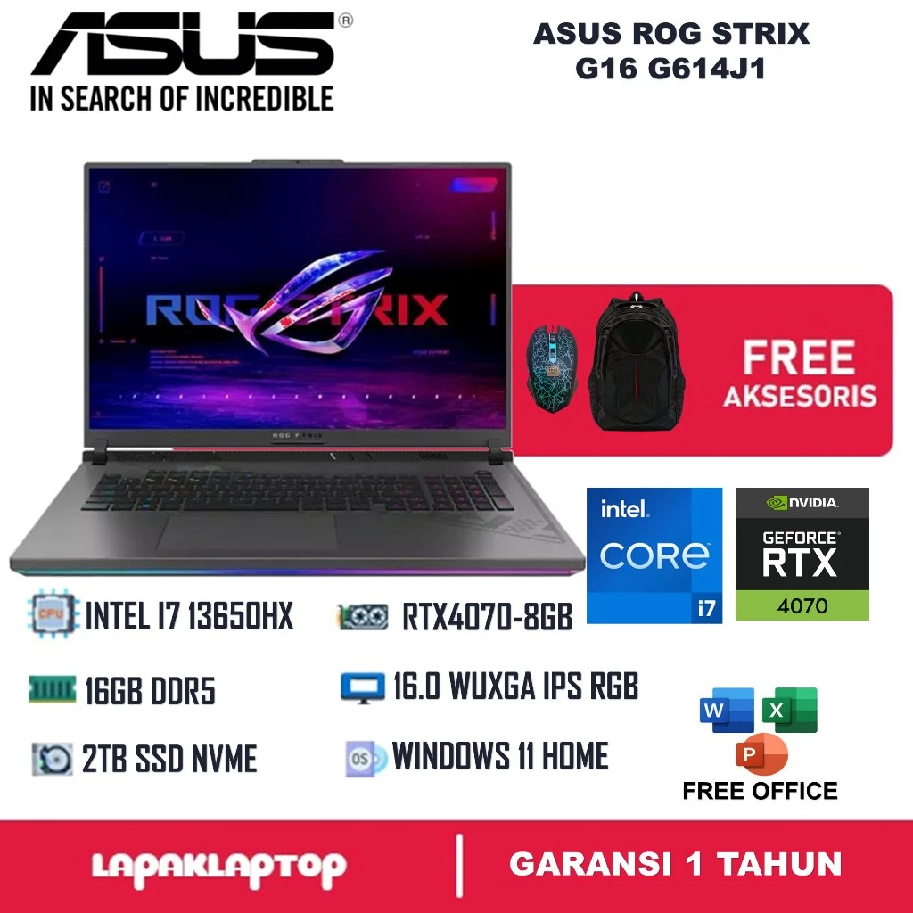 Laptop Gaming Asus ROG Strix G16 Intel Core i7 13650HX Ram 32GB SSD 1TB RTX4070-8GB 16.0 WUXGA IPS