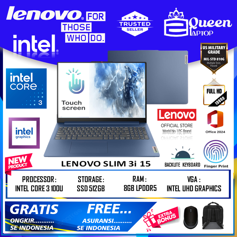 Laptop Baru Lenovo Ideapad Slim 3i 15 Core 3 100U intel i3 n305 Ram 8GB DDR5 512GB Termurah