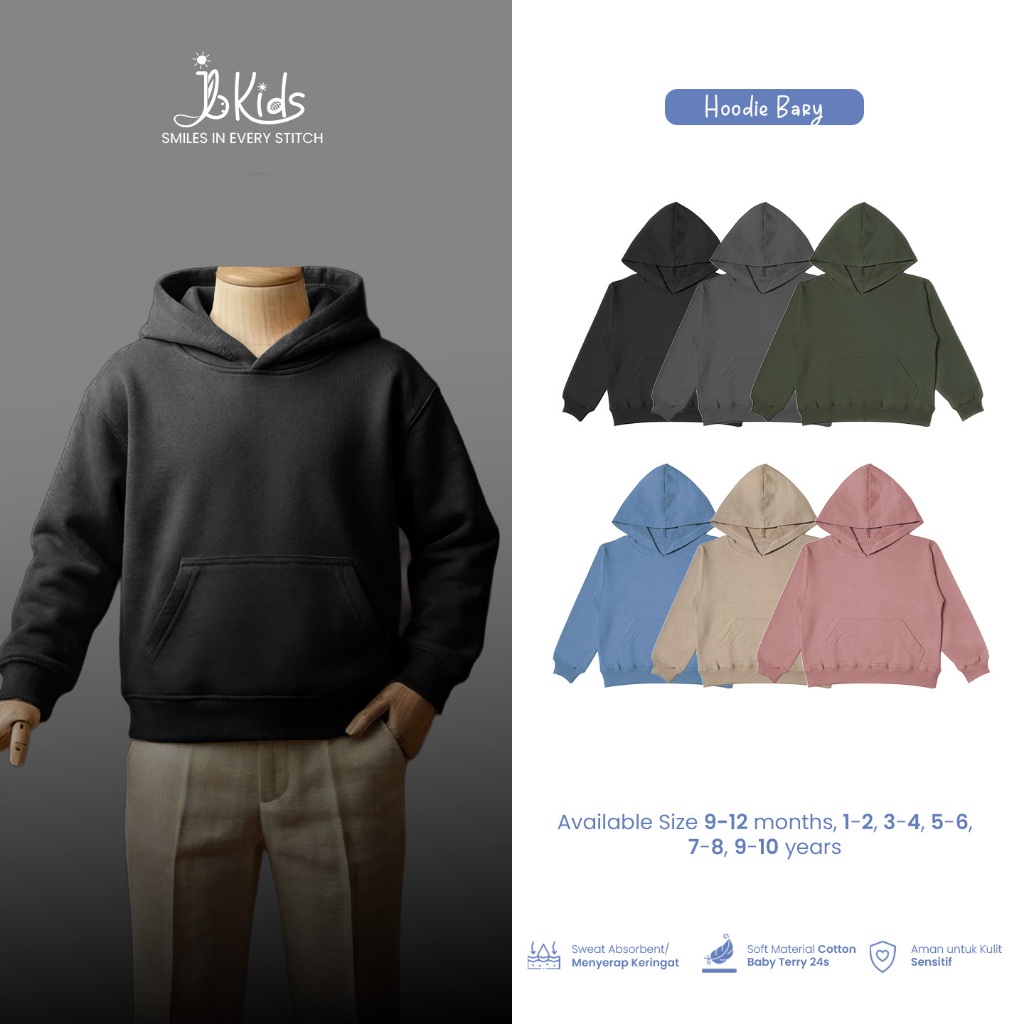 JB Kids – Hoodie Bary Black jaket tudung anak bahan beby terry lembut dan adem