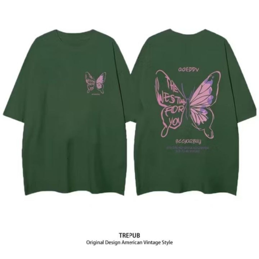 T-shirt Oversize Pink Butterfly On The Black Baju Kaos Korean