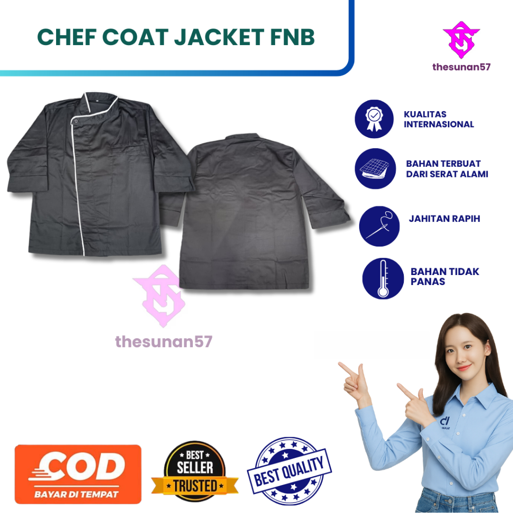 Chef Coat Warna Hitam / Jaket Chef F&B Ergonomis | Bahan Drill Nyaman & Adem | Lengan 3/4