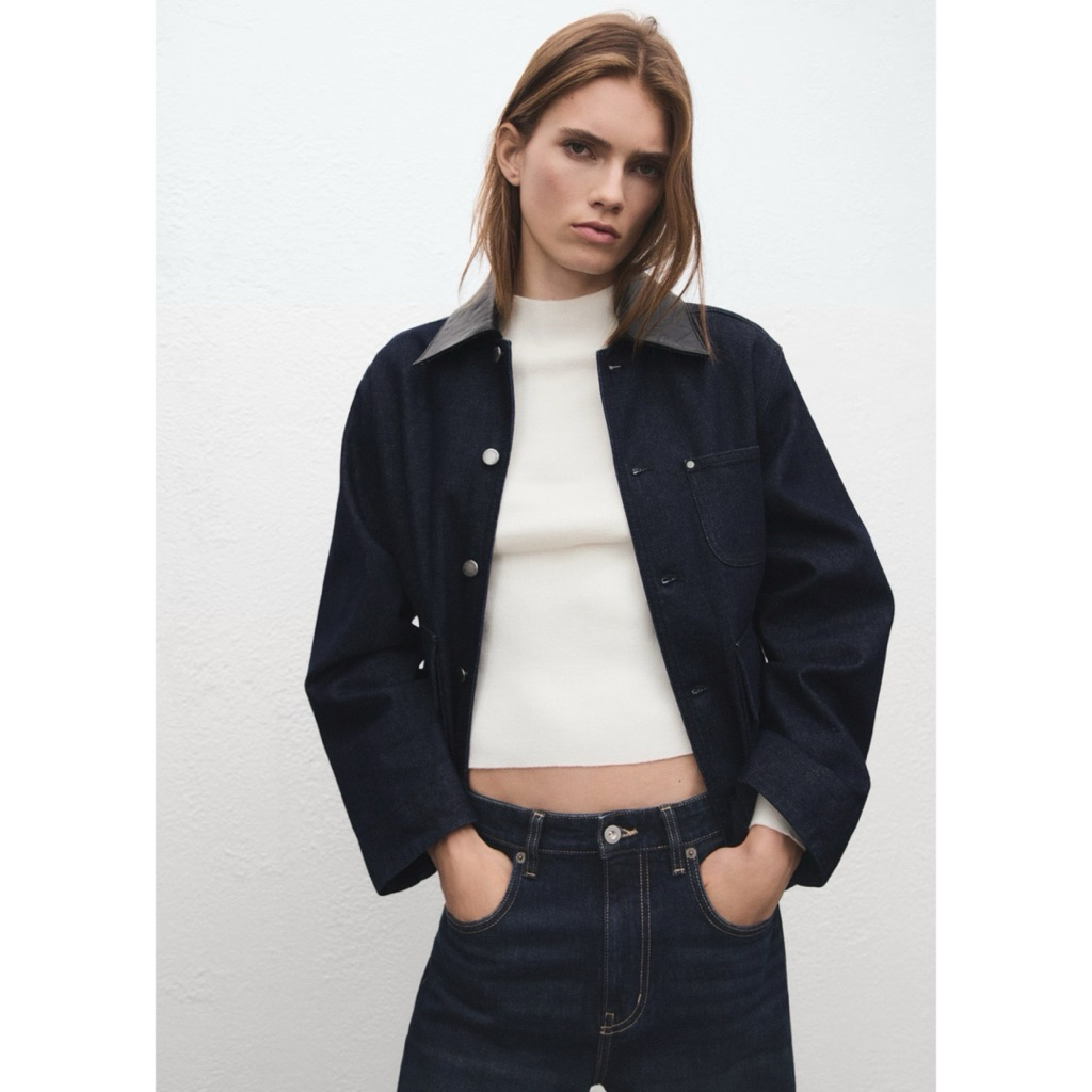 Mango - Jaket Wanita - Denim Jacket With Faux Leather Collar