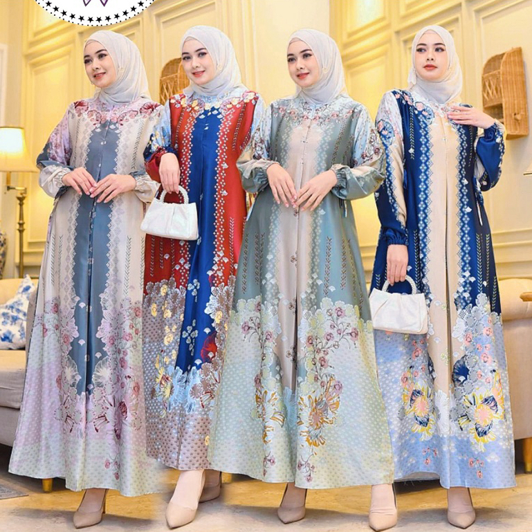 Gamis Silk Premium Fashion Wanita Muslim Terbaru, Busui Friendly Motif Etnik Dan Elegan Madina COD