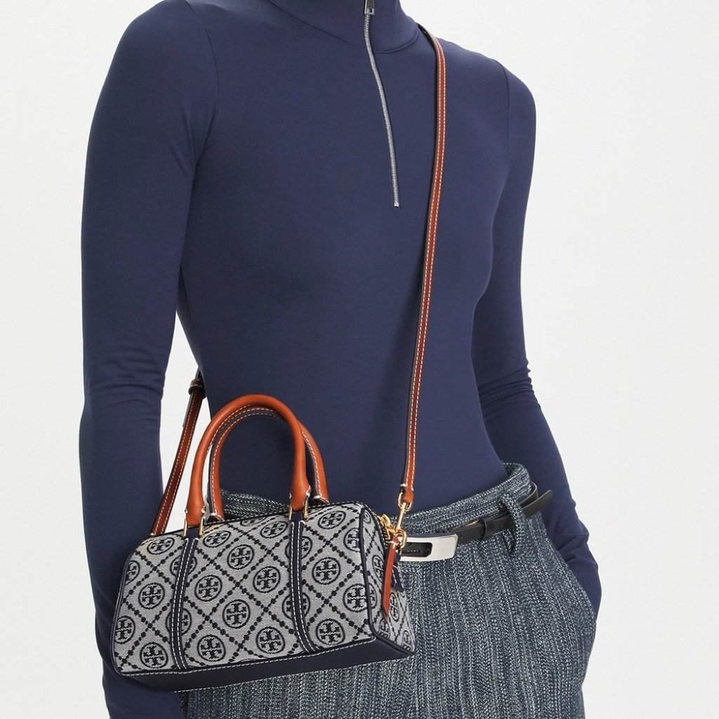 TORY BURCH TB T Monogram Jacquard Mini Petite Barrel Top Handle Bag Handbag with Crossbody Strap