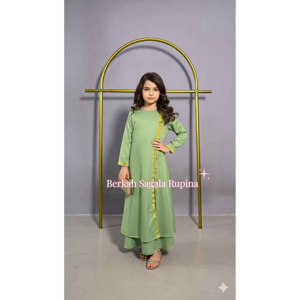 Berkah Gamis Anak Perempuan Polos Warna Hijau Pastel Kombinasi List Emas | Dress Muslim Anak Elegan 