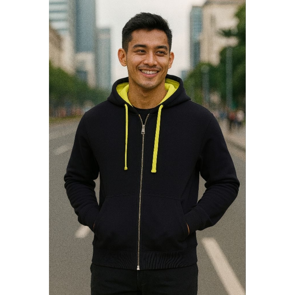 Hoodie Zipper warna hitam polos bahan tebal
