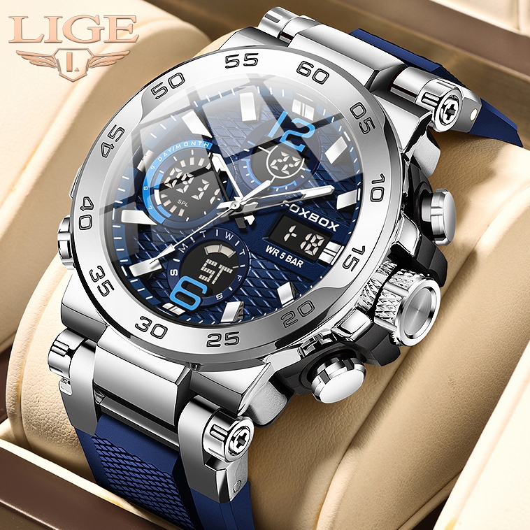 ORIGINAL LIGE JAM TANGAN DIGITAL LED DUAL DISPLAY ASLI JAM TANGAN OLAHRAGA PRIA TAHAN AIR JAM TANGAN