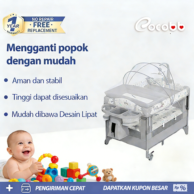Cocobb Tempat Tidur Bayi Ranjang Bayi Baby Box Bisa Dilipat Tempat Tidur Goyang Bayi dengan Kelambu